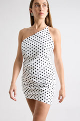 Hugo Mini Dress Polka Dot by Pfeiffer, featuring a one-shoulder neckline and open back. Flattering and sculpted for standout summer style.