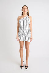 Hugo Mini Dress Polka Dot by Pfeiffer, featuring a one-shoulder neckline and open back. Flattering and sculpted for standout summer style.