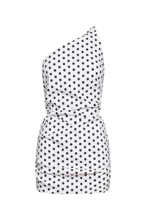 Hugo Mini Dress Polka Dot by Pfeiffer, featuring a one-shoulder neckline and open back. Flattering and sculpted for standout summer style.