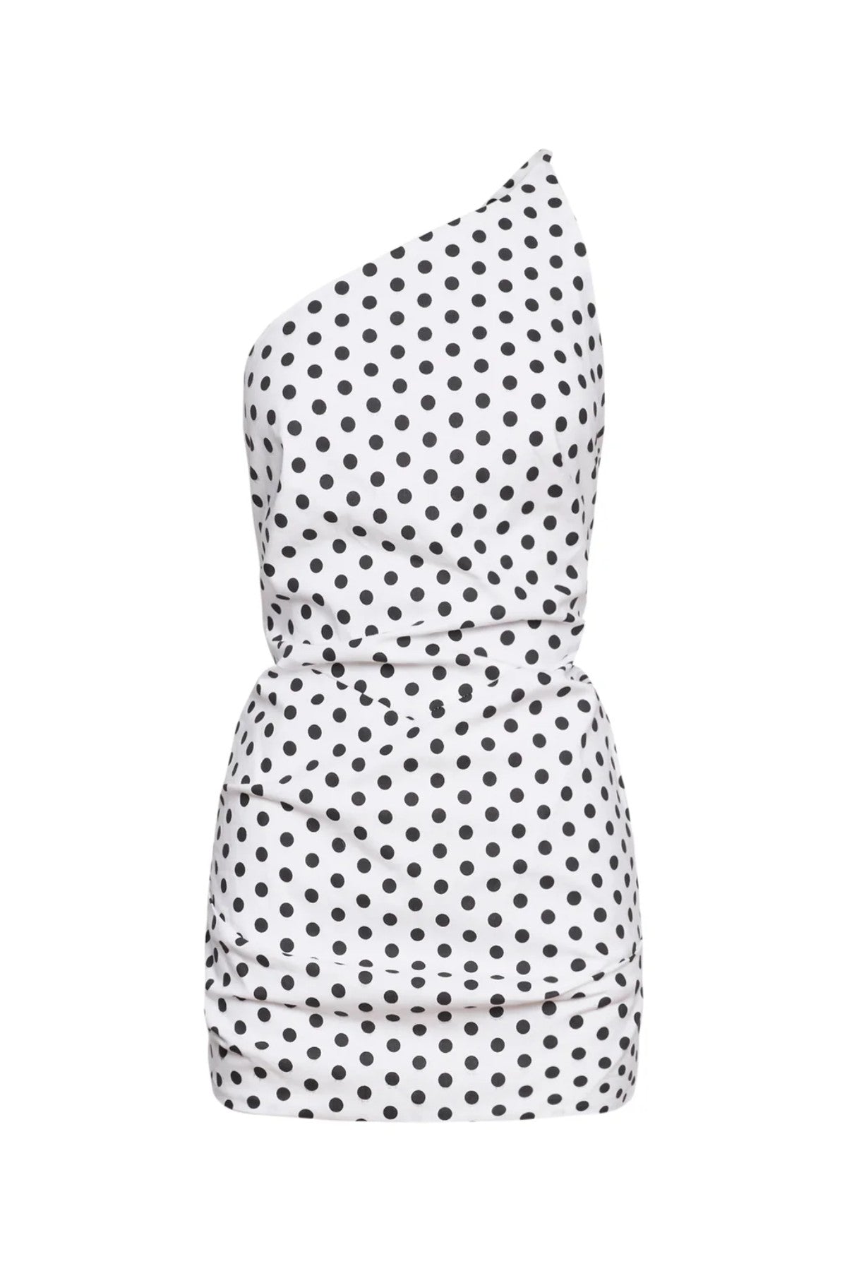 Hugo Mini Dress Polka Dot by Pfeiffer, featuring a one-shoulder neckline and open back. Flattering and sculpted for standout summer style.