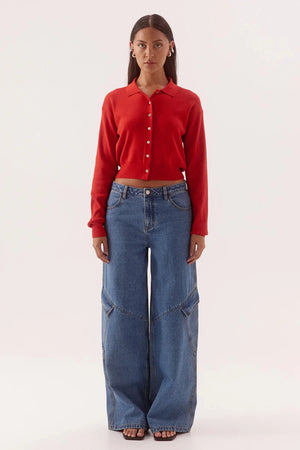 Hutton Knit Rouge by Sovere – collared long sleeve knit top with drop shoulders and button front.