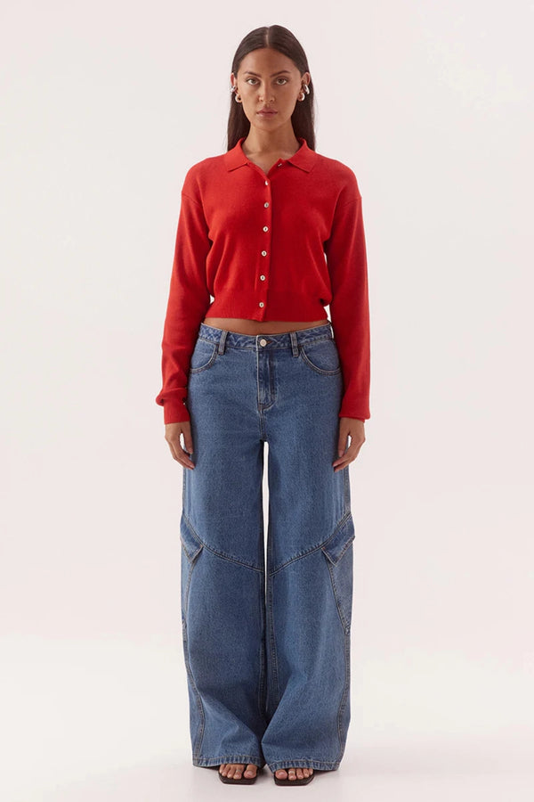 Hutton Knit Rouge by Sovere – collared long sleeve knit top with drop shoulders and button front.