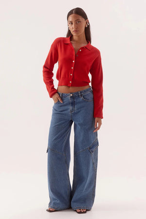 Hutton Knit Rouge by Sovere – collared long sleeve knit top with drop shoulders and button front.