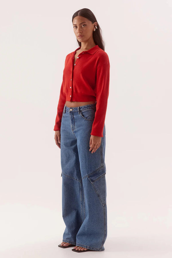 Hutton Knit Rouge by Sovere – collared long sleeve knit top with drop shoulders and button front.