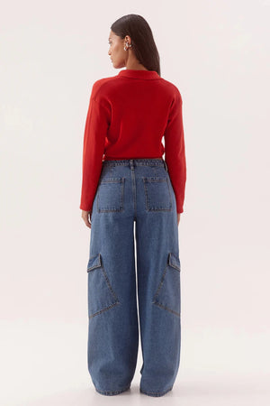 Hutton Knit Rouge by Sovere – collared long sleeve knit top with drop shoulders and button front.