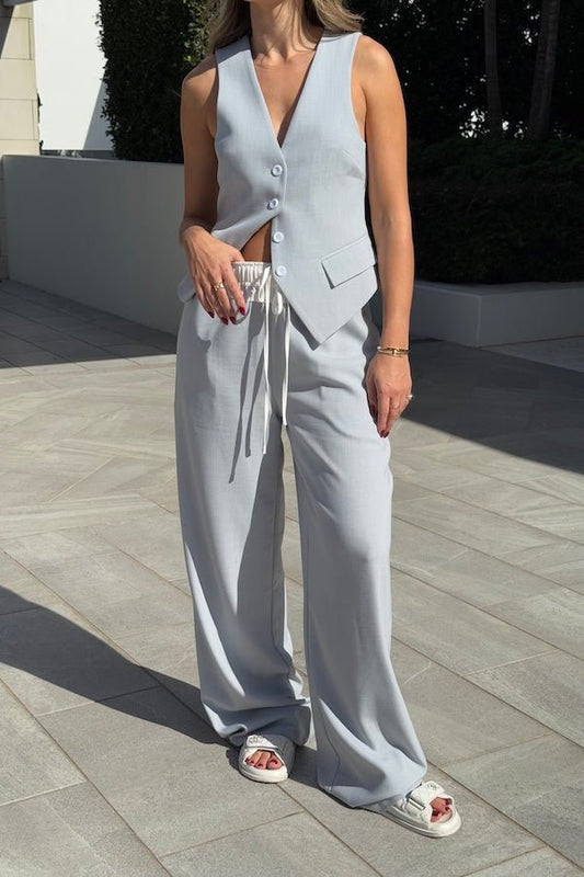 Jade Pant Steel by Sneaky Link, drapey, relaxed pants in luxe poly-viscose with elastic waistband, contrast panels, and adjustable drawcord. Oversized fit; size down if between sizes.