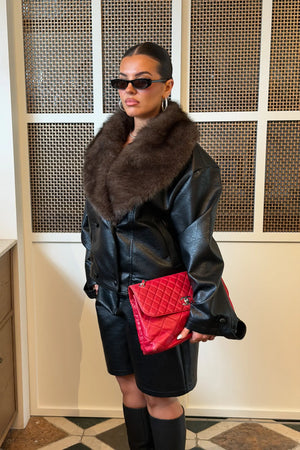 Jaz Faux Fur Collar Jacket in Black with a structured leather look finish and oversized fur collar, creating a bold silhouette that can be worn sleek or elevated.