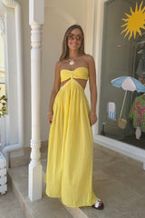 Chloe Dress Lemon by D'Artemide – Cotton strapless dress with ruched back, maxi skirt, side split, and low back detail.