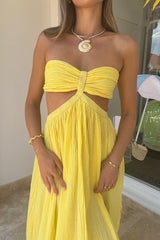 Chloe Dress Lemon by D'Artemide – Cotton strapless dress with ruched back, maxi skirt, side split, and low back detail.