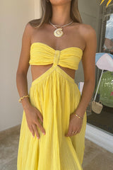 Chloe Dress Lemon by D'Artemide – Cotton strapless dress with ruched back, maxi skirt, side split, and low back detail.