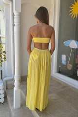 Chloe Dress Lemon by D'Artemide – Cotton strapless dress with ruched back, maxi skirt, side split, and low back detail.