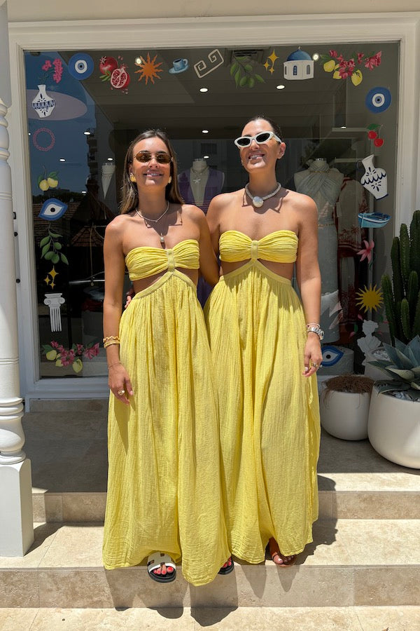 Chloe Dress Lemon by D'Artemide – Cotton strapless dress with ruched back, maxi skirt, side split, and low back detail.