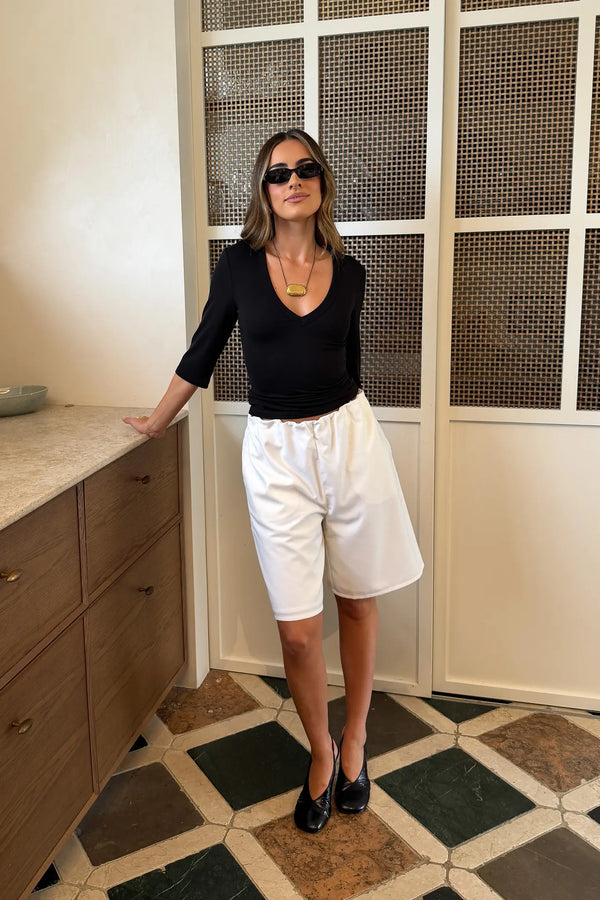 Jaz Mid Rise Bermuda Short Ivory by Sneaky Link, tailored bermuda shorts with mid rise fit, perfect for chic everyday styling