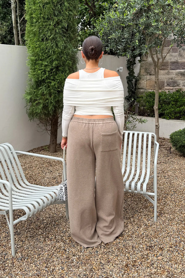 Jaz wide leg lounge pants in oat marle fabric, featuring a relaxed fit and soft texture.