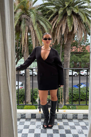 Jaz Suiting Long Sleeve Mini Dress Black by Sneaky Link, deep V mini dress with long sleeves, perfect for day to night styling