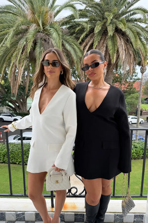 Jaz Suiting Long Sleeve Mini Dress White by Sneaky Link, deep V mini dress with long sleeves, perfect for day to night styling