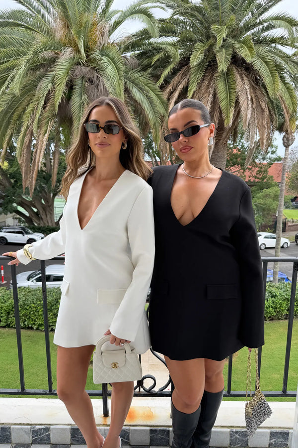Jaz Suiting Long Sleeve Mini Dress White by Sneaky Link, deep V mini dress with long sleeves, perfect for day to night styling