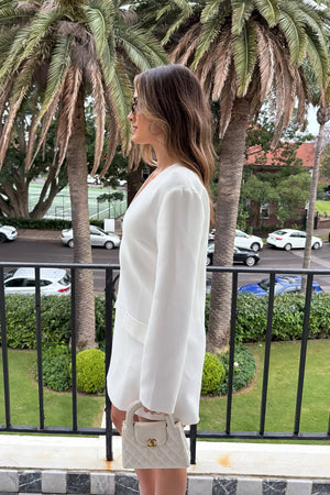 Jaz Suiting Long Sleeve Mini Dress White by Sneaky Link, deep V mini dress with long sleeves, perfect for day to night styling