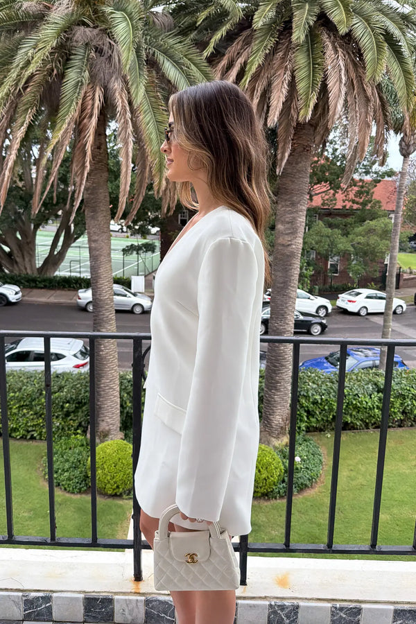 Jaz Suiting Long Sleeve Mini Dress White by Sneaky Link, deep V mini dress with long sleeves, perfect for day to night styling