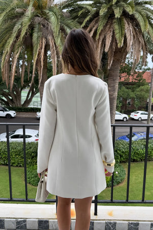 Jaz Suiting Long Sleeve Mini Dress White by Sneaky Link, deep V mini dress with long sleeves, perfect for day to night styling