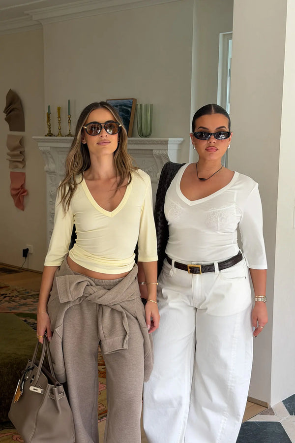 Jaz 3/4 Sleeve V Neck Jersey Top Yellow by Sneaky Link, sculpted V neck top with stretch fit, perfect for day or night styling