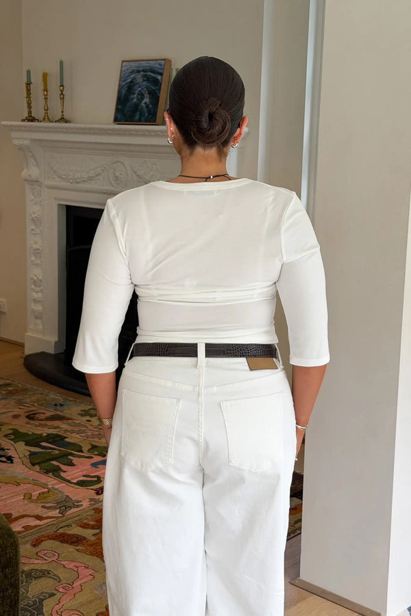 Jaz 3/4 Sleeve V Neck Jersey Top White by Sneaky Link, sculpted V neck top with stretch fit, perfect for day or night styling