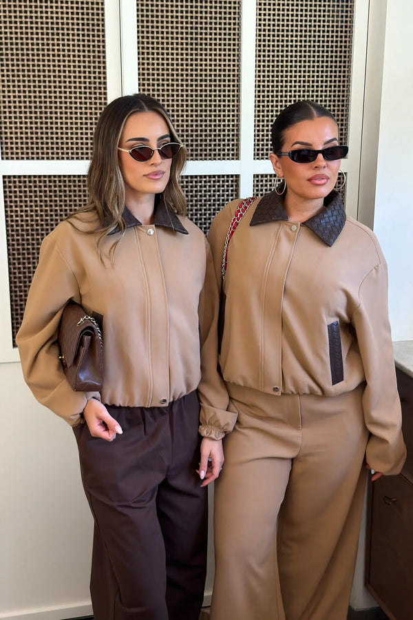 Jaz Braided Collar Jacket Tan Choc by Sneaky Link, cropped jacket with braided collar, perfect for elevated autumn winter styling