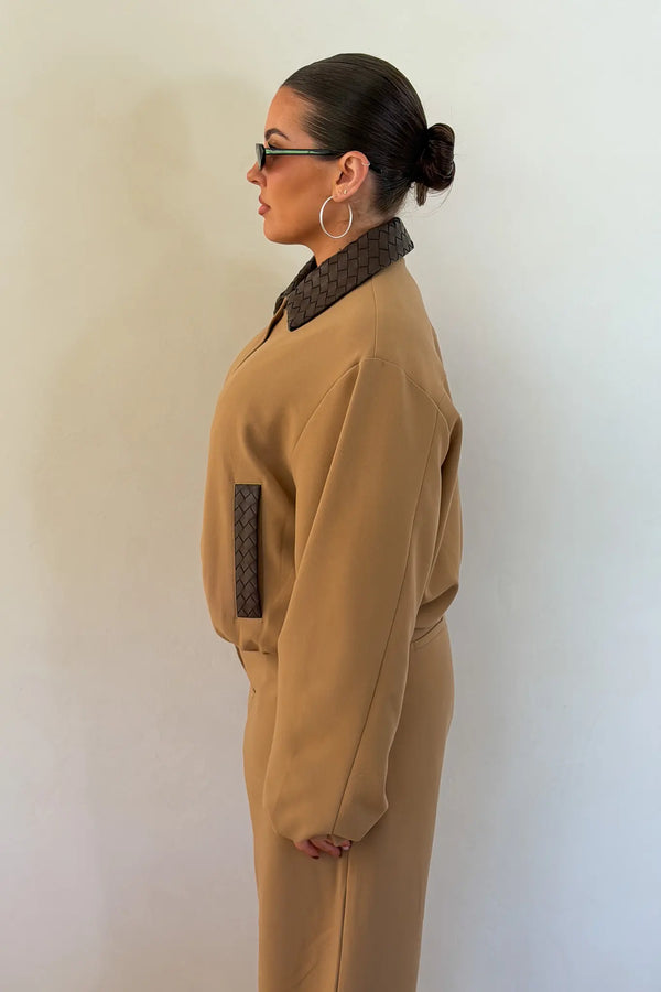 Jaz Braided Collar Jacket Tan Choc by Sneaky Link, cropped jacket with braided collar, perfect for elevated autumn winter styling