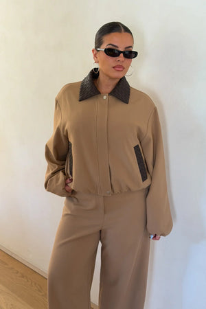 Jaz Braided Collar Jacket Tan Choc by Sneaky Link, cropped jacket with braided collar, perfect for elevated autumn winter styling