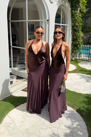 Jaz V Neck Maxi Dress in chocolate brown with short sleeves and a flowing, floor-length silhouette.