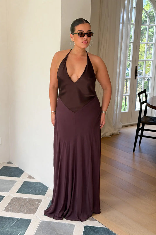 Jaz V Neck Maxi Dress in chocolate brown with short sleeves and a flowing, floor-length silhouette.