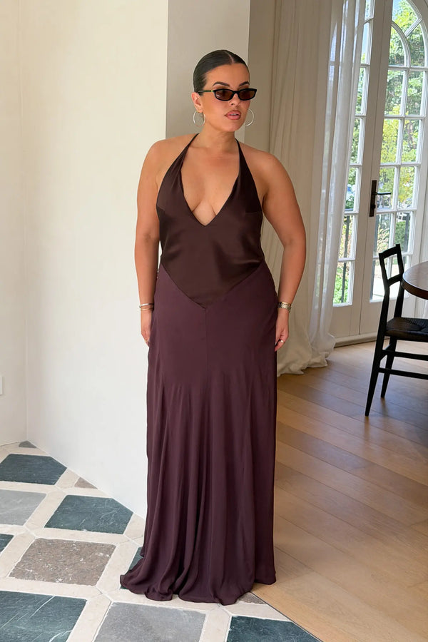 Jaz V Neck Maxi Dress in chocolate brown with short sleeves and a flowing, floor-length silhouette.