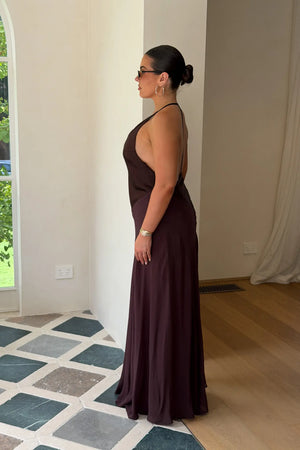Jaz V Neck Maxi Dress in chocolate brown with short sleeves and a flowing, floor-length silhouette.