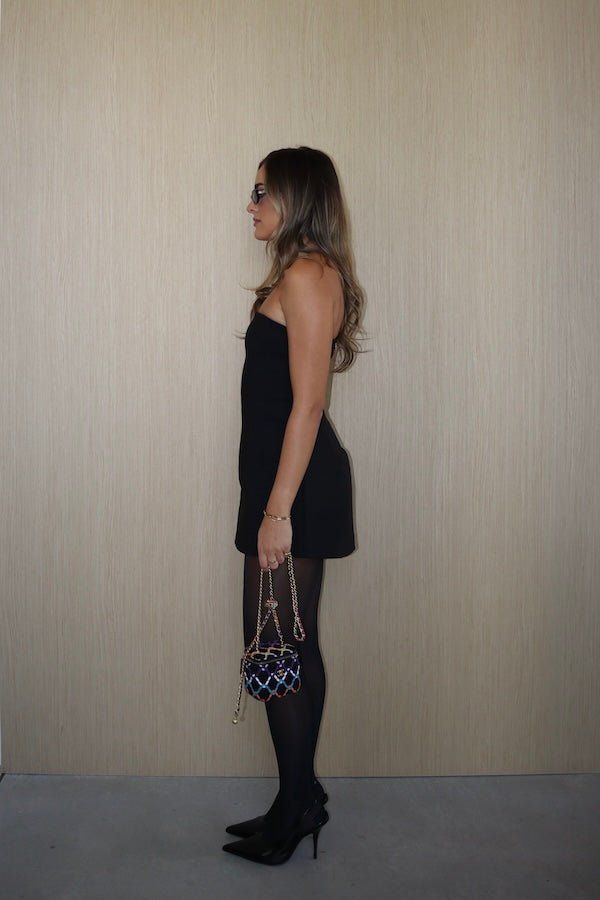 Elena Mini Dress Black by Sneaky Link – A chic strapless mini with a structured, flattering cotton-nylon blend fit, perfect for layering or standout nights out.