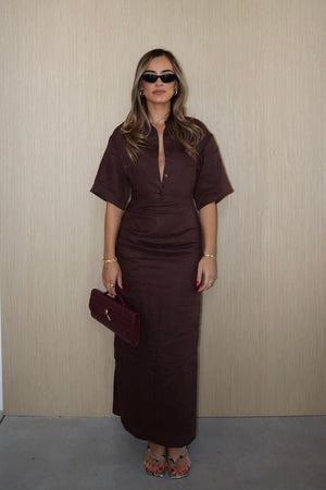 Lefka Midi Dress Chocolate by Sneaky Link – A trendy, breathable linen midi with flattering skirt tucks and button-front neckline, perfect for sunny lunches and relaxed summer days.