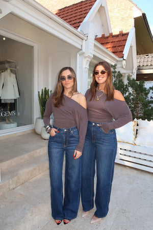 Dee Top by Sneaky Link, off-shoulder top in a soft viscose blend with dolman sleeves and gathered waist for an effortlessly chic look.