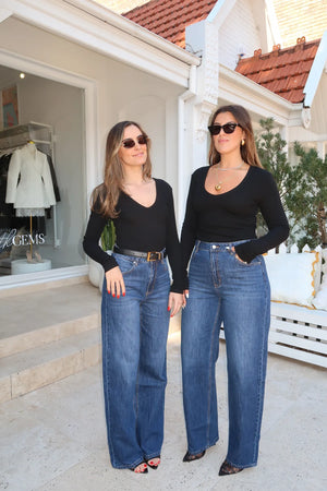 Christina Long Sleeve Top by Sneaky Link, fitted V-neck long sleeve in soft, stretchy cotton rib—perfect for layering or wearing solo.