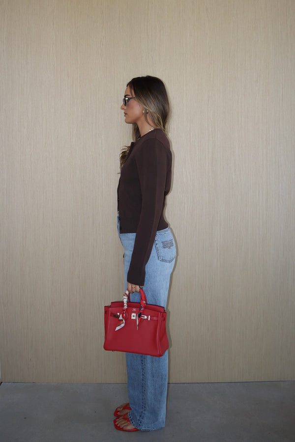 Frances Cardigan Chocolate by Sneaky Link – Cozy viscose blend cardigan with scoop neckline, long sleeves, and front buttons. Perfect for layering. Cold delicate wash.