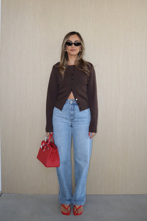 Frances Cardigan Chocolate by Sneaky Link – Cozy viscose blend cardigan with scoop neckline, long sleeves, and front buttons. Perfect for layering. Cold delicate wash.