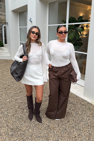 Jaz Fine Knit Sheer Long Sleeve Top White by Sneaky Link, sheer knit top with high neck and long sleeves, perfect for layering or nights out