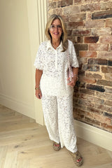 Jaz Hand Lace V Neck Shirt White by Sneaky Link, a breezy collared lace shirt with a V neckline. Perfect for summer layering or sets.
