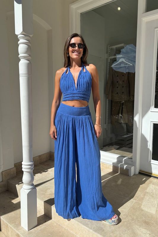 Aphrodite Top Royal Blue by D'Artemide, vibrant halter neck crop with rope detailing and elastic waist, perfect for trendy viral looks and stylish day-to-night wear.