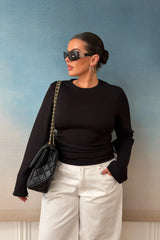 Jaz Crew Neck Ruched Long Sleeve Top Black by Sneaky Link, ruched stretch top with sculpt fit, perfect for everyday or night styling
