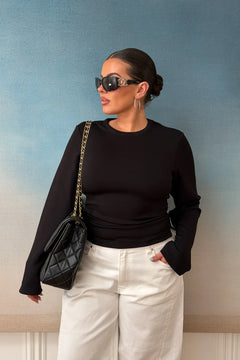 Jaz Crew Neck Ruched Long Sleeve Top Black by Sneaky Link, ruched stretch top with sculpt fit, perfect for everyday or night styling