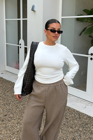 Jaz Crew Neck Ruched Long Sleeve Top White by Sneaky Link, ruched stretch top with sculpt fit, perfect for day or night styling