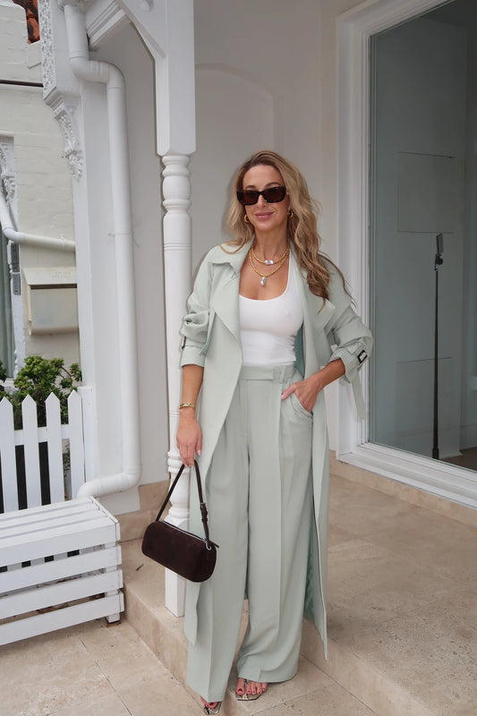 Olivia Trench Coat Mint by Sneaky Link, structured suiting fabric with tailored fit, perfect for chic layered looks.