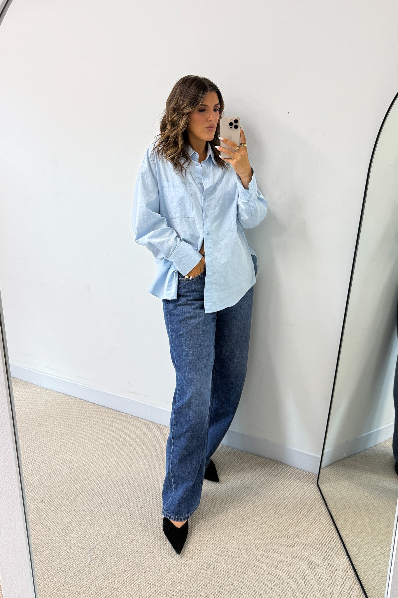 Boston Shirt Light Blue by Sneaky Link — Timeless oversized button-up in crisp cotton poplin with signature snake embroidery on the pocket. Classic, fresh, and versatile.