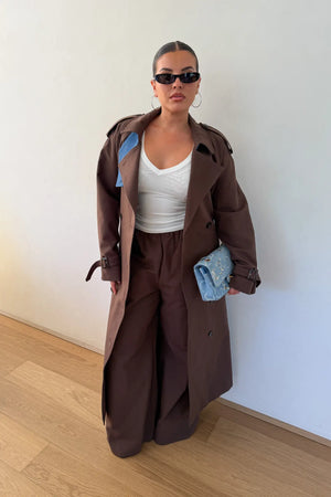Jaz Contrast Double Breasted Trench Coat Chocolate