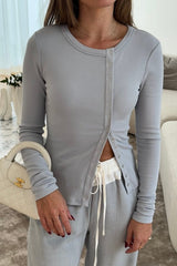 Cooper Long Sleeve Top Steel by Sneaky Link — Soft cotton-spandex blend with high scoop neck, long sleeves, and edgy off-centre snap buttons. Versatile layering essential.