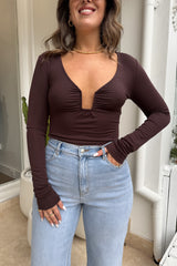 Haley Long Sleeve Top Chocolate by Sneaky Link — Soft, stretchy modal blend with long sleeves and a sexy low neckline. Perfect for night outs.